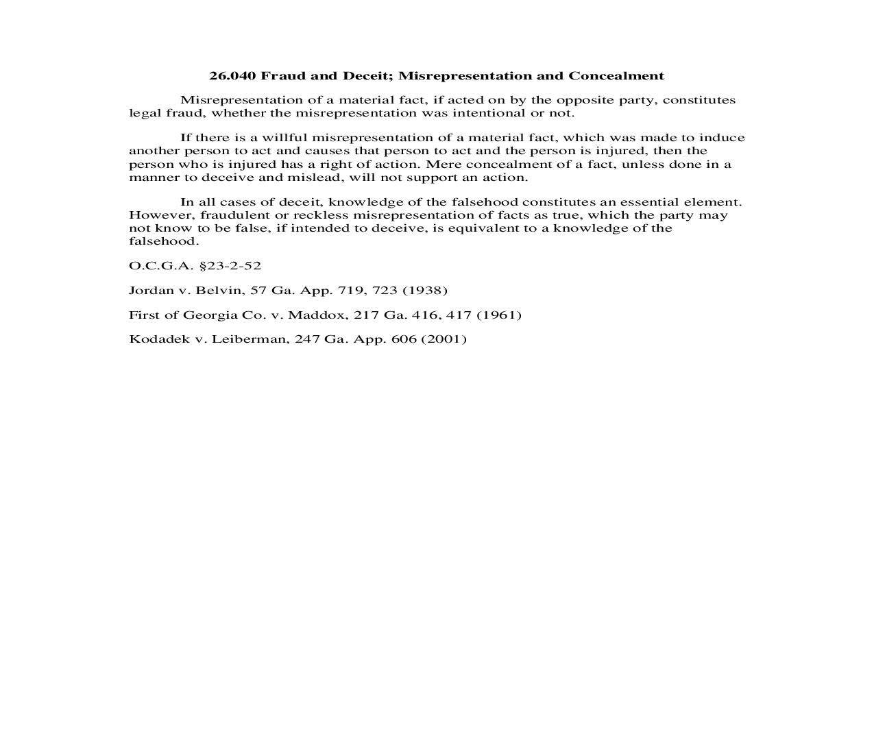 26.040 Fraud and Deceit; Misrepresentation and Concealment | Pdf Doc Docx | Georgia_JI