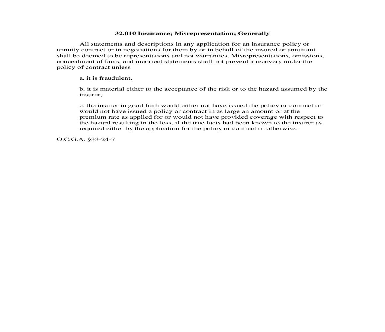 32.010 Insurance; Misrepresentation; Generally | Pdf Doc Docx | Georgia_JI