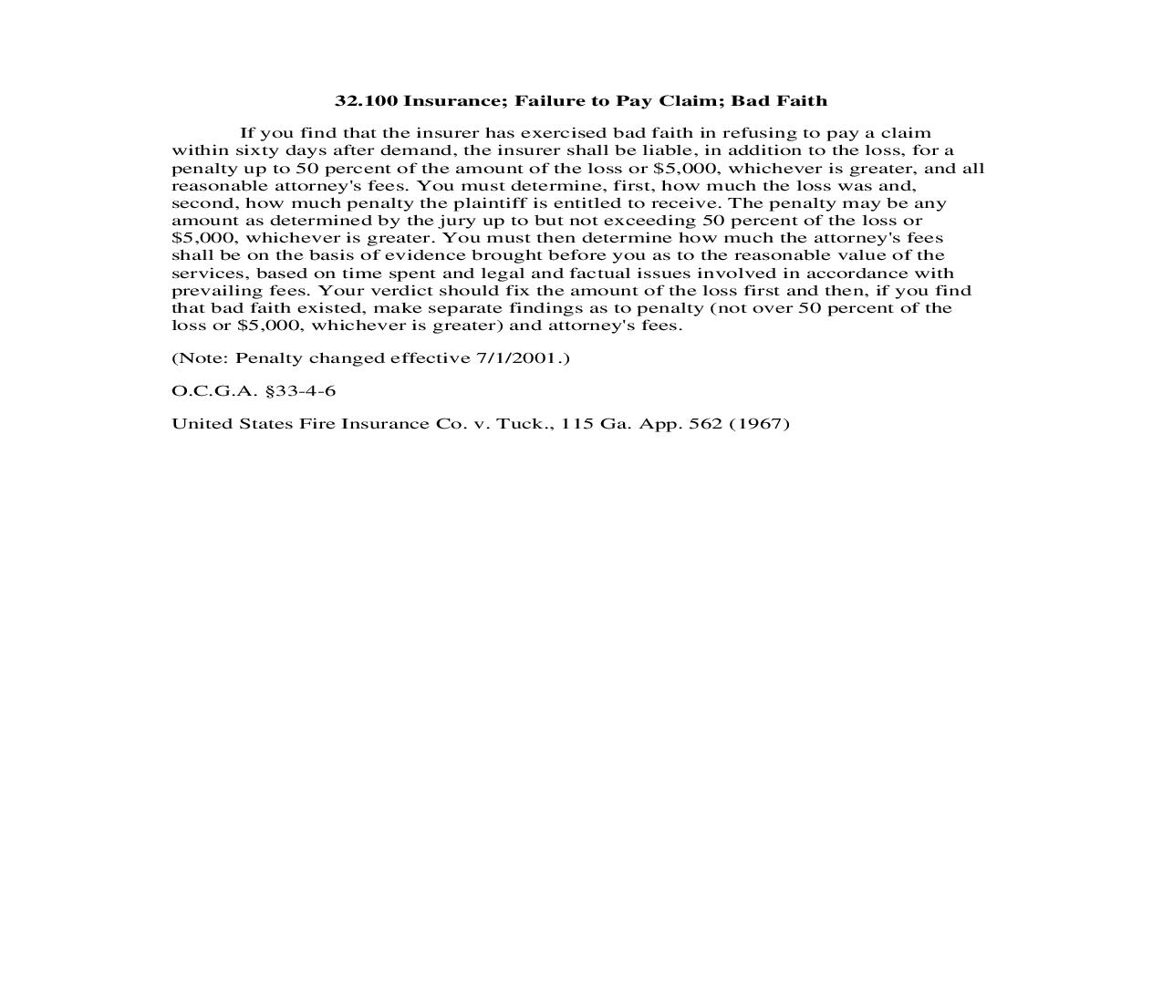 32.100 Insurance; Failure to Pay Claim; Bad Faith | Pdf Doc Docx | Georgia_JI