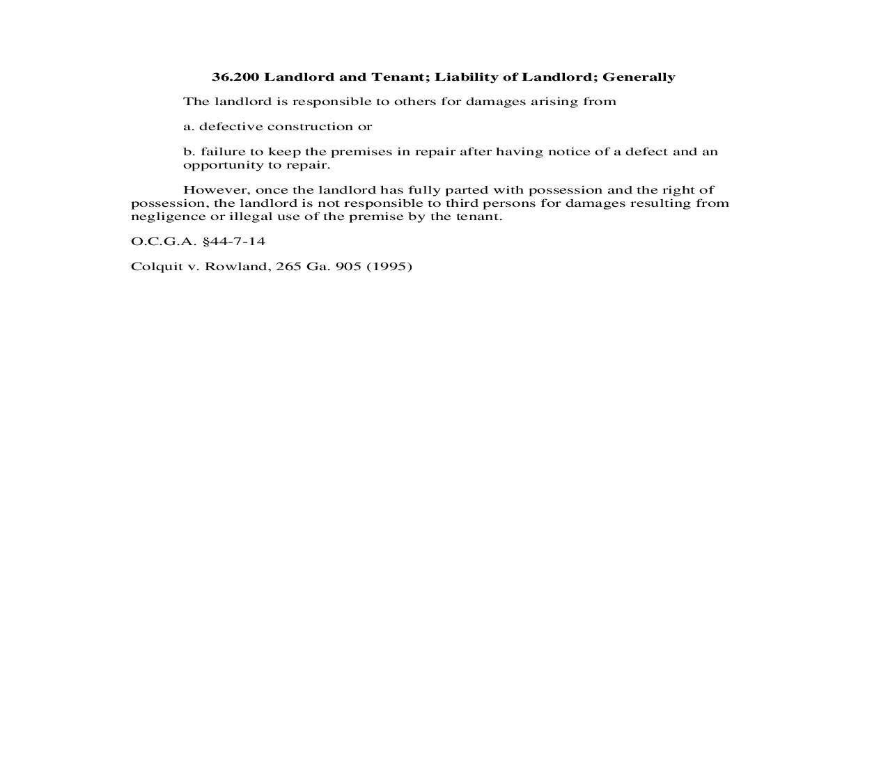 36.200 Landlord and Tenant; Liability of Landlord; Generally | Pdf Doc Docx | Georgia_JI