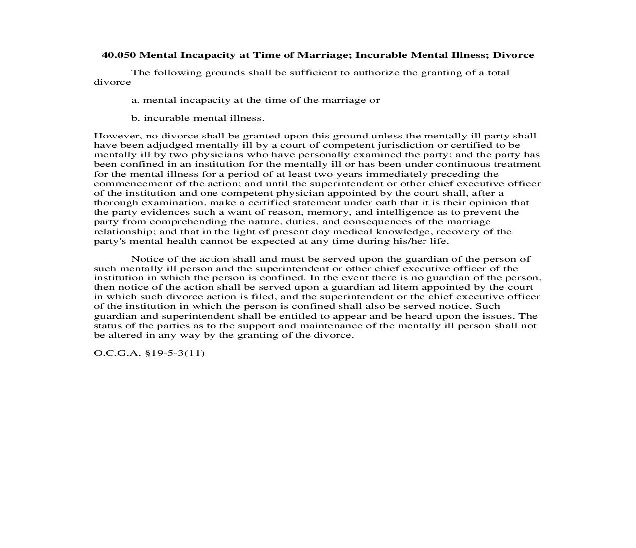40.050 Mental Incapacity at Time of Marriage; Incurable Mental Illness;  Divorce | Pdf Doc Docx | Georgia_JI