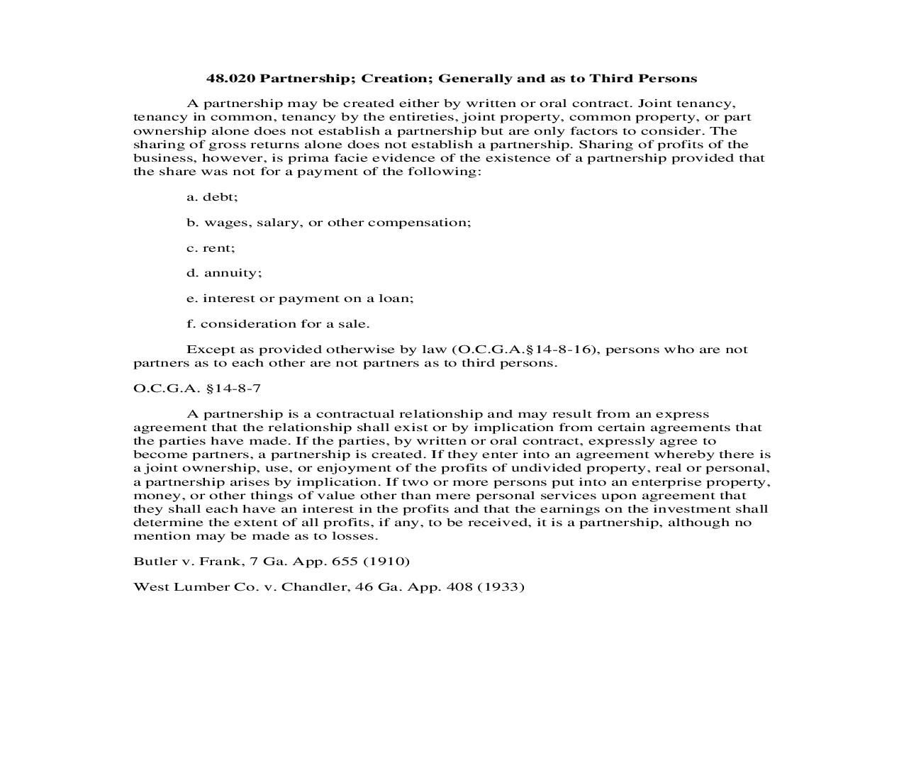 48.020 Partnership; Creation; Generally and as to Third Persons | Pdf Doc Docx | Georgia_JI