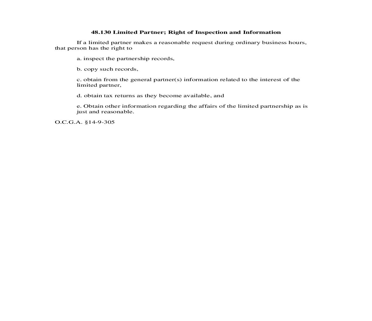 48.130 Limited Partner; Right of Inspection and Information | Pdf Doc Docx | Georgia_JI