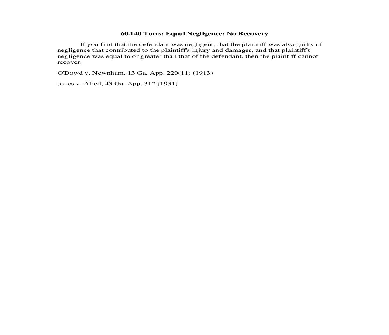 60.140 Torts; Equal Negligence; No Recovery | Pdf Doc Docx | Georgia_JI