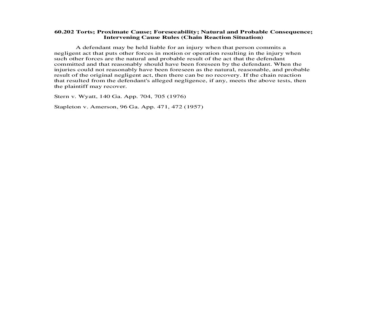 60.202 Torts; Proximate Cause; Foreseeability; Natural and Probable Consequence;  Intervening Cause Rules (Chain Reaction Situation) | Pdf Doc Docx | Georgia_JI