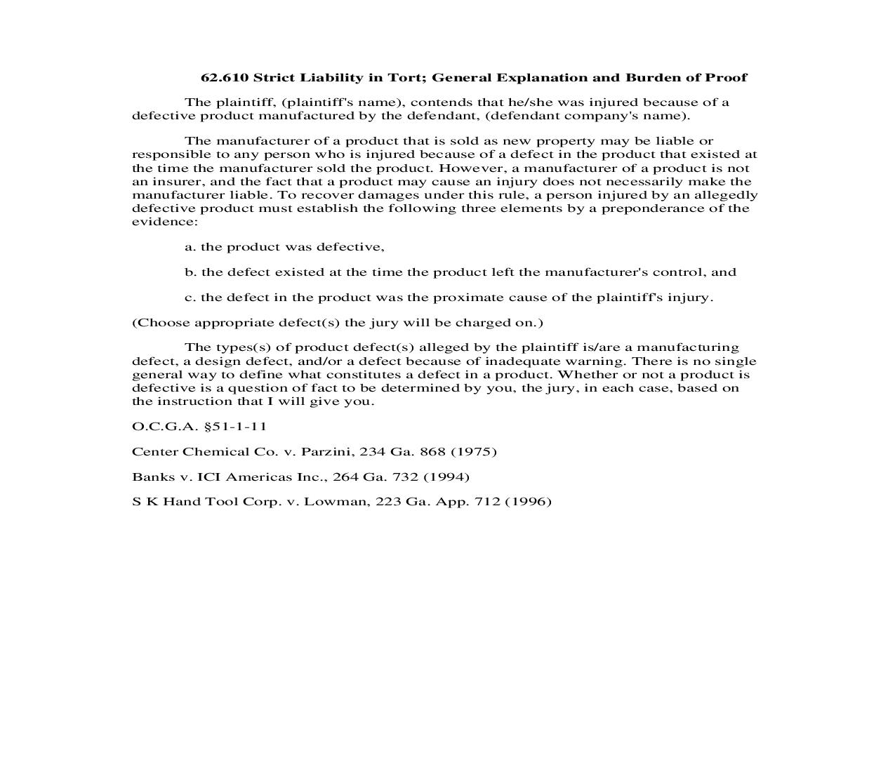 62.610 Strict Liability in Tort; General Explanation and Burden of Proof | Pdf Doc Docx | Georgia_JI