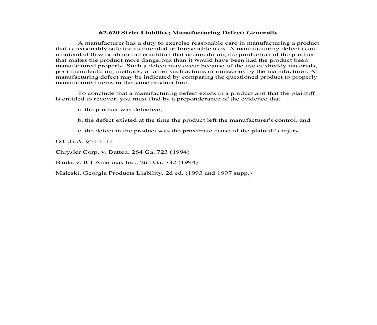 62.620 Strict Liability; Manufacturing Defect; Generally | Pdf Doc Docx | Georgia_JI