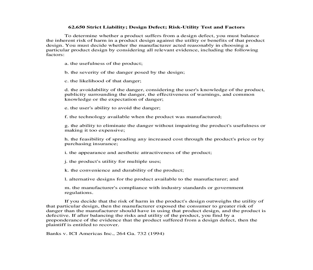 62.650 Strict Liability; Design Defect; Risk-Utility Test and Factors | Pdf Doc Docx | Georgia_JI