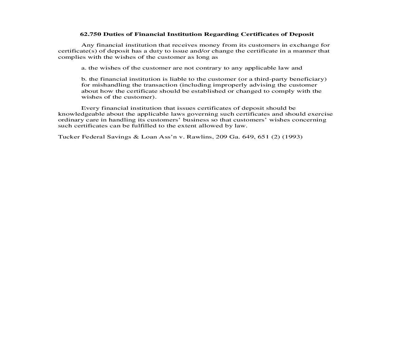 62.750 Duties of Financial Institution Regarding Certificates of Deposit | Pdf Doc Docx | Georgia_JI