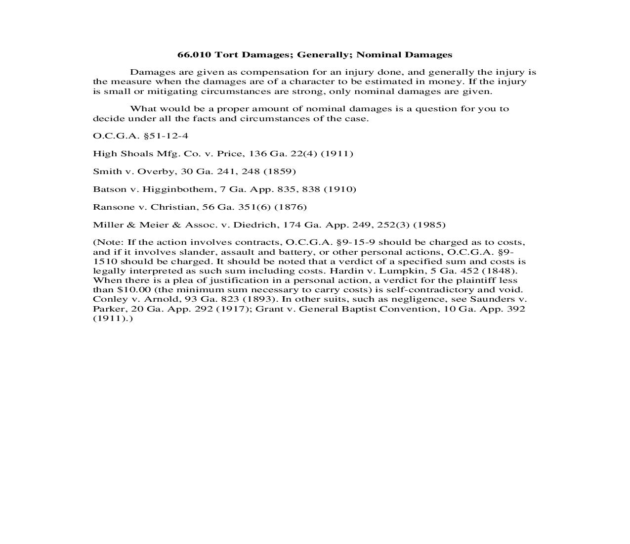 66.010 Tort Damages; Generally; Nominal Damages | Pdf Doc Docx | Georgia_JI