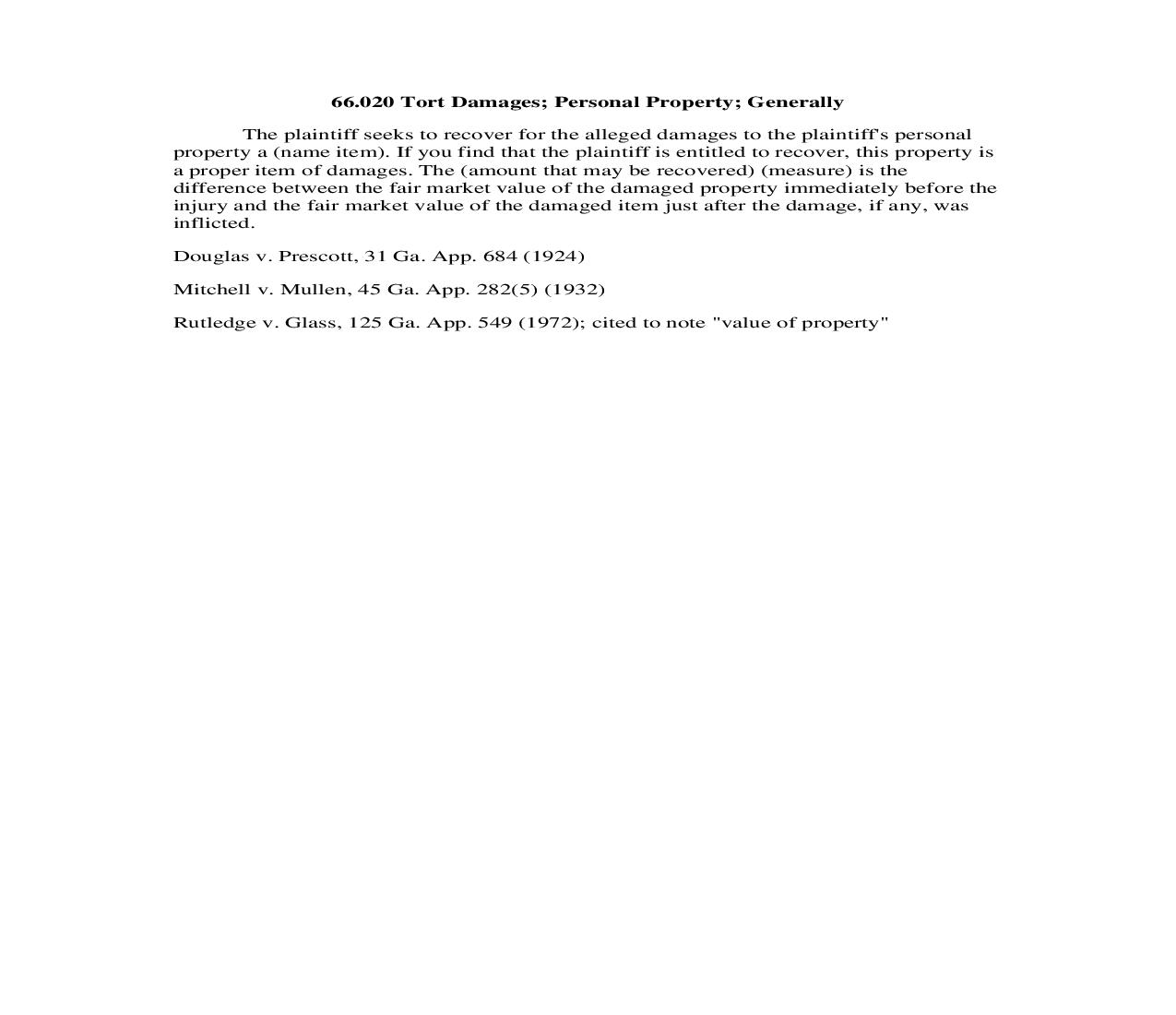 66.020 Tort Damages; Personal Property; Generally | Pdf Doc Docx | Georgia_JI