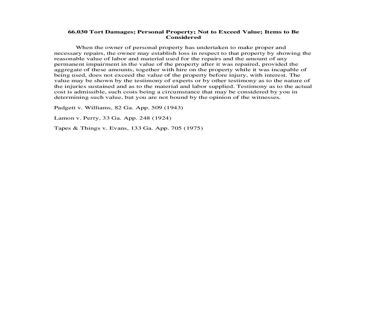 66.030 Tort Damages; Personal Property; Not to Exceed Value; Items to Be Considered | Pdf Doc Docx | Georgia_JI