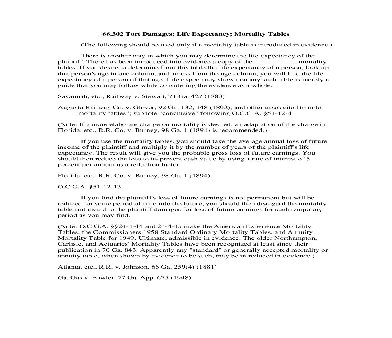 66.302 Tort Damages; Life Expectancy; Mortality Tables | Pdf Doc Docx | Georgia_JI