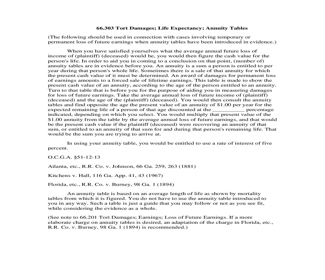 66.303 Tort Damages; Life Expectancy; Annuity Tables | Pdf Doc Docx | Georgia_JI