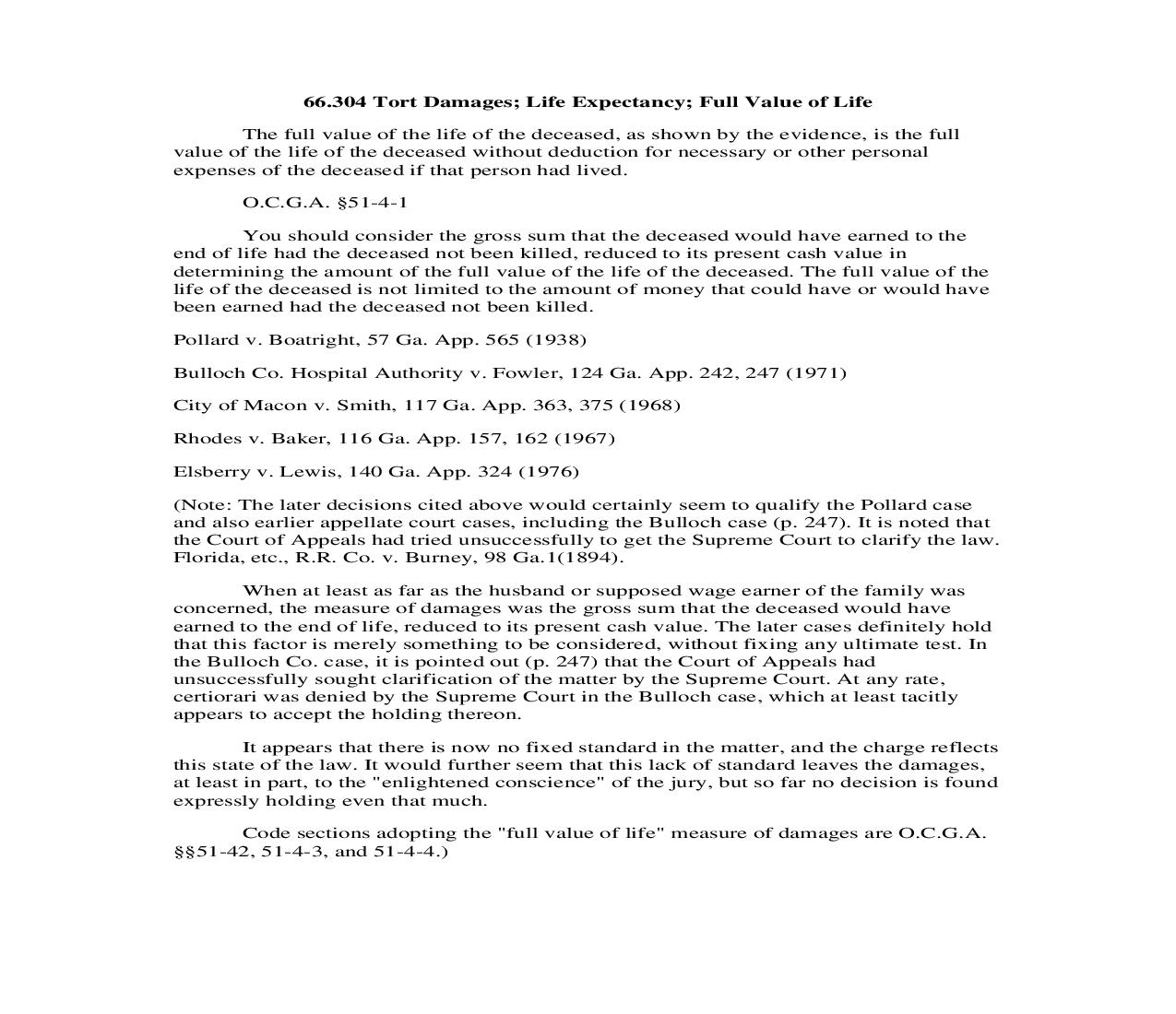 66.304 Tort Damages; Life Expectancy; Full Value of Life | Pdf Doc Docx | Georgia_JI
