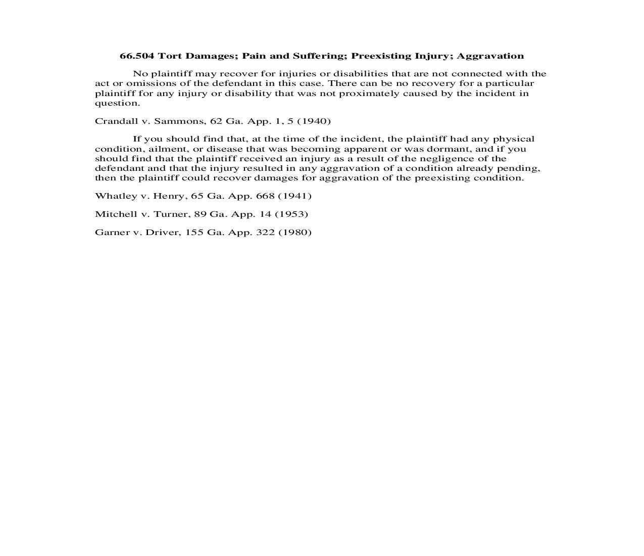66.504 Tort Damages; Pain and Suffering; Preexisting Injury; Aggravation | Pdf Doc Docx | Georgia_JI