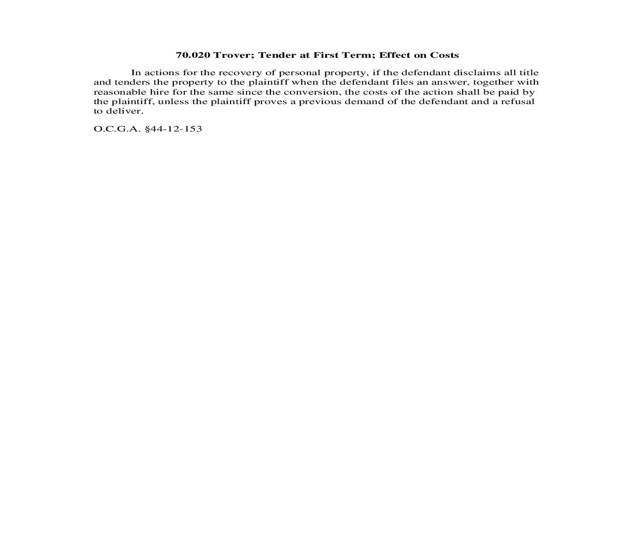 70.020 Trover; Tender at First Term; Effect on Costs | Pdf Doc Docx | Georgia_JI