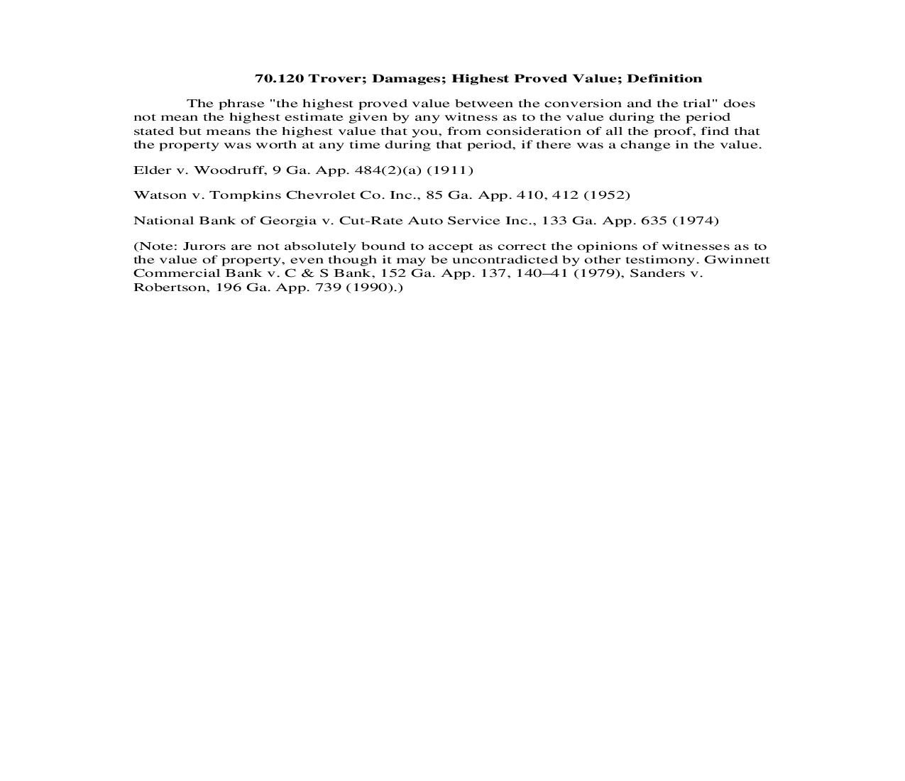 70.120 Trover; Damages; Highest Proved Value; Definition | Pdf Doc Docx | Georgia_JI