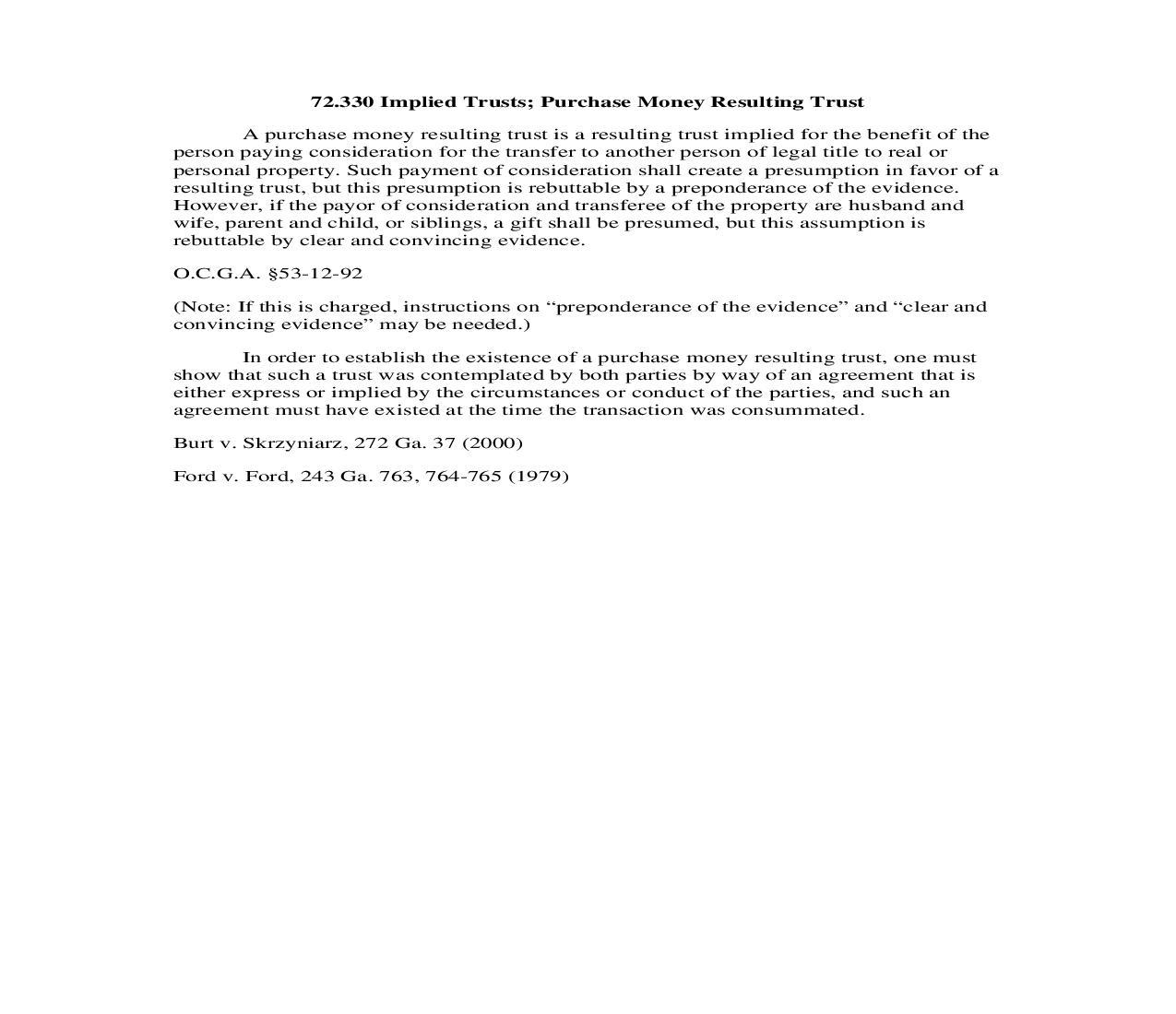 72.330 Implied Trusts; Purchase Money Resulting Trust | Pdf Doc Docx | Georgia_JI
