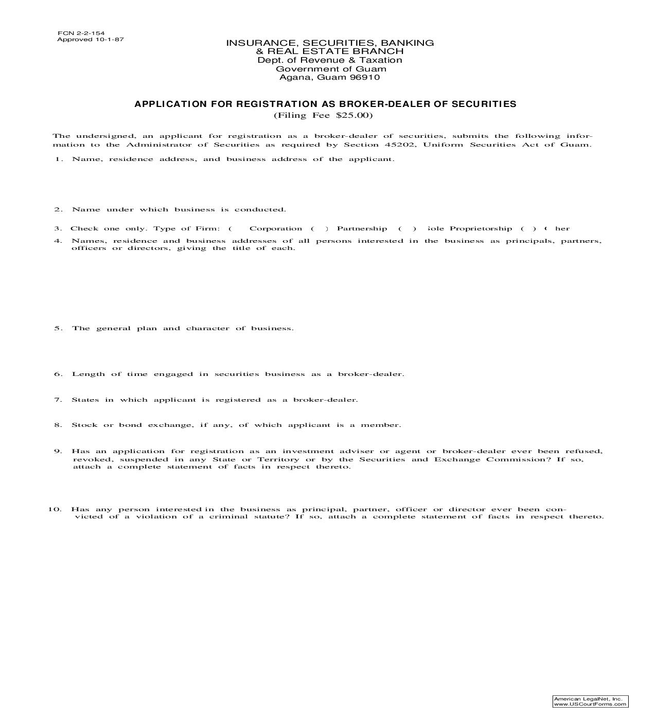 Application For Registration As Broker-Dealer Of Securities {FCN154} | Pdf Fpdf Doc Docx | Guam