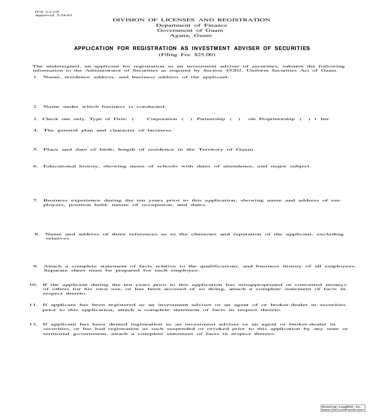 Application For Registration As Investment Adviser Of Securities {FCN155} | Pdf Fpdf Doc Docx | Guam