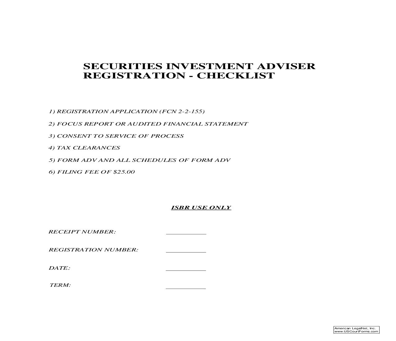 Securities Investment Adviser Registration - Checklist {FCN154I} | Pdf Fpdf Doc Docx | Guam