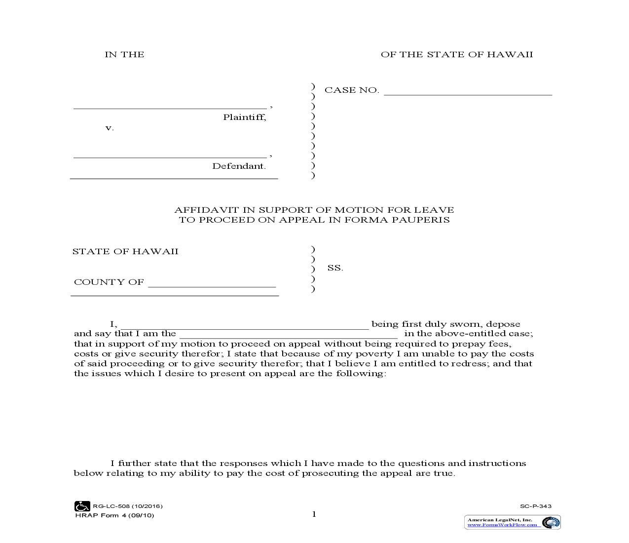Affidavit In Support Of Motion For Leave To Proceed On Appeal In Forma Pauperis {4} | Pdf Fpdf Doc Docx | Hawaii