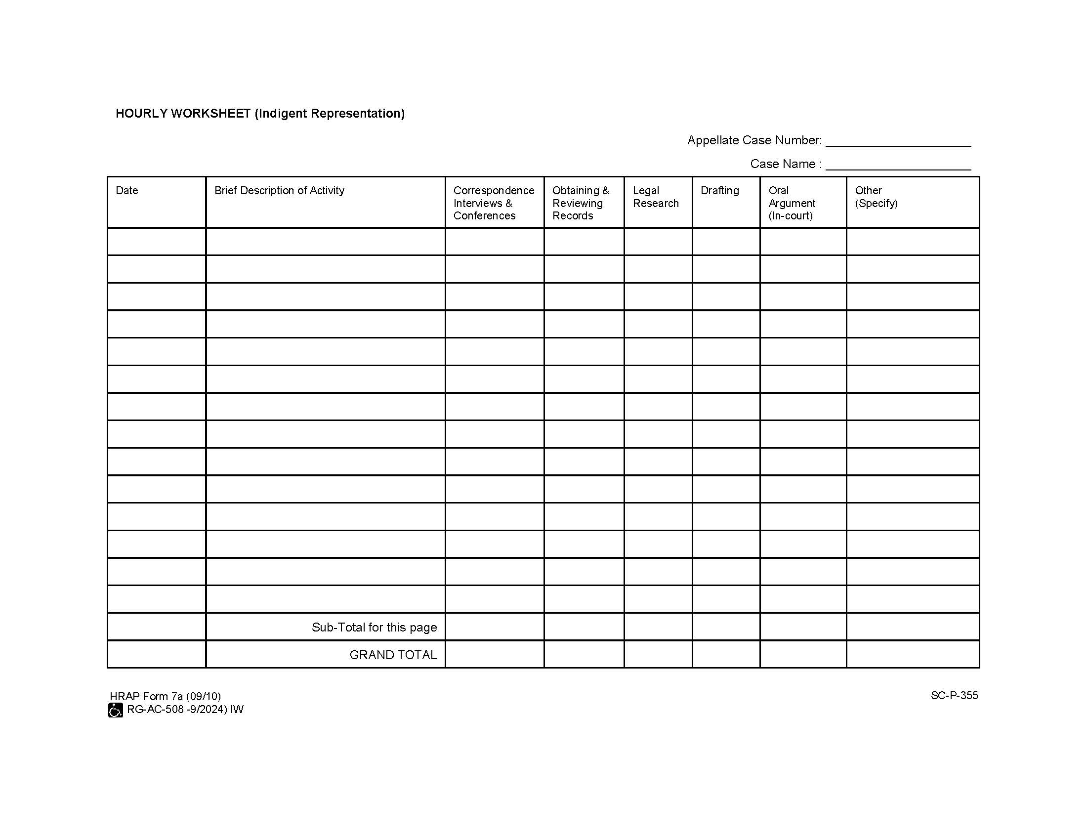 Hourly Worksheet (For Indigent Representation) (Sample And Form) {7a} | Pdf Fpdf Docx | Hawaii