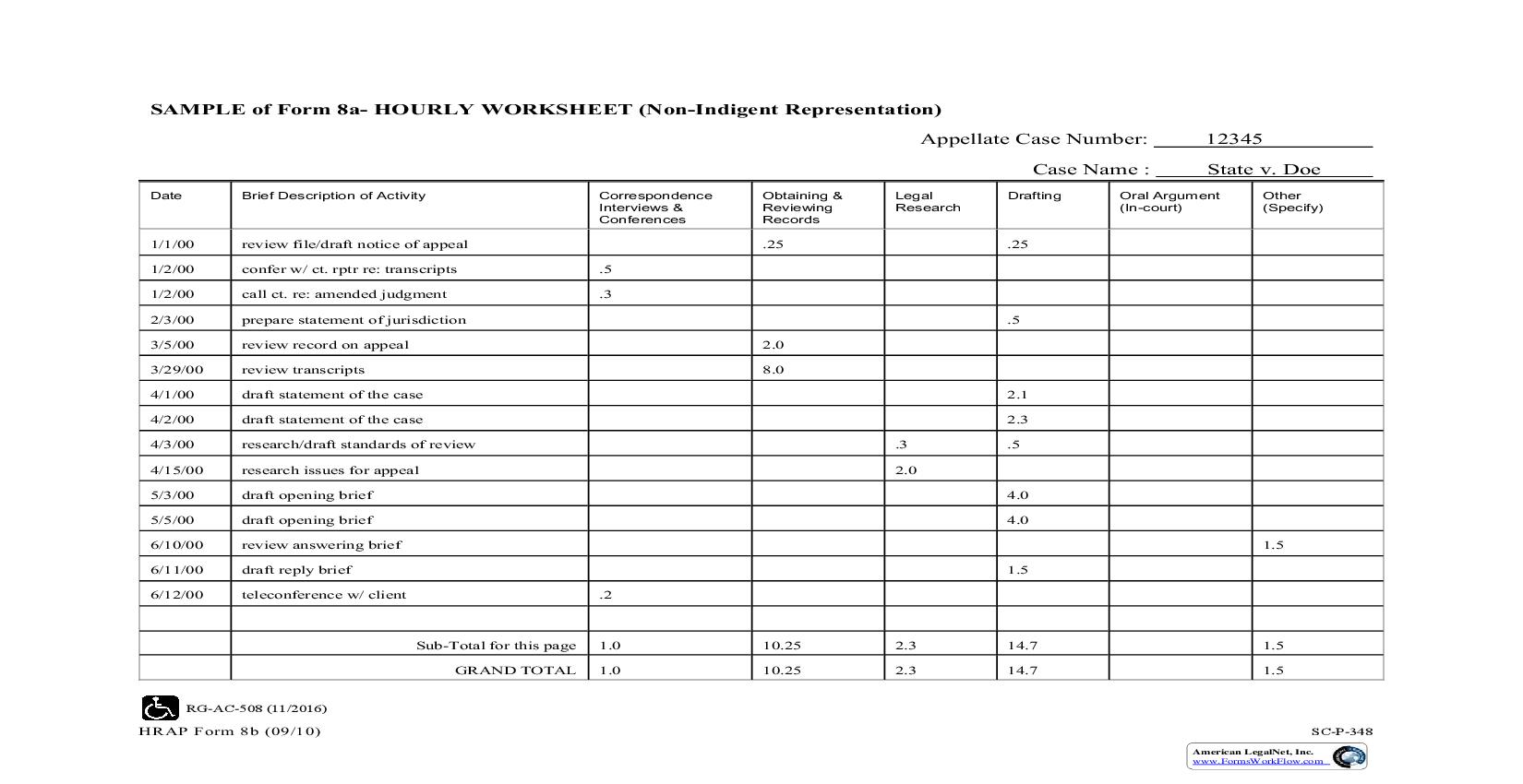 Hourly Worksheet (For Non Indingent Representation) (Sample And Form) {8b} | Pdf Fpdf Doc Docx | Hawaii