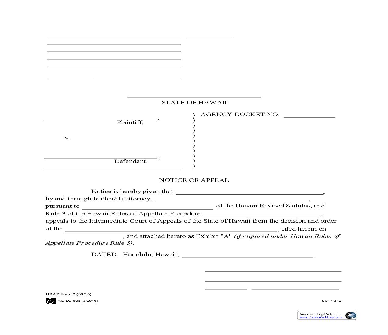 Notice Of Appeal (From Decision And Order Of Agency Board Commission Or Officer) (Sample And Form) {2} | Pdf Fpdf Doc Docx | Hawaii