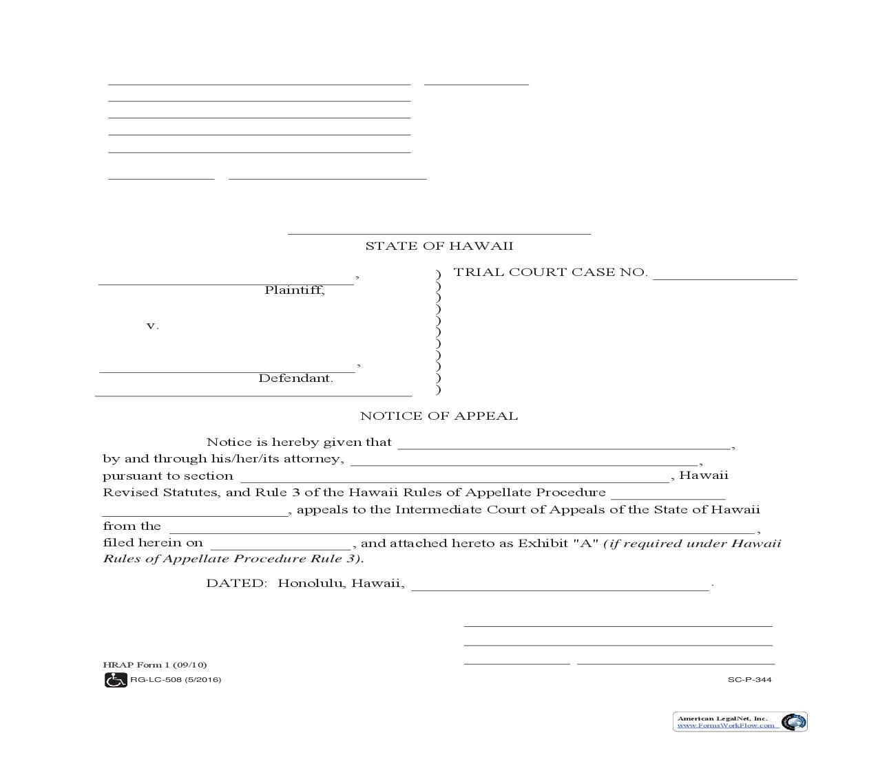Notice Of Appeal (From Judgment Order Or Decree Of Court) (Sample And Form) {1} | Pdf Fpdf Doc Docx | Hawaii