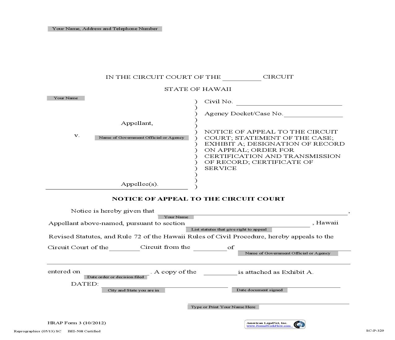 Notice Of Appeal (To Circuit Court From Decision And Order Of Agency Board Commission Or Officer) (Sample And Form) {3} | Pdf Fpdf Doc Docx | Hawaii