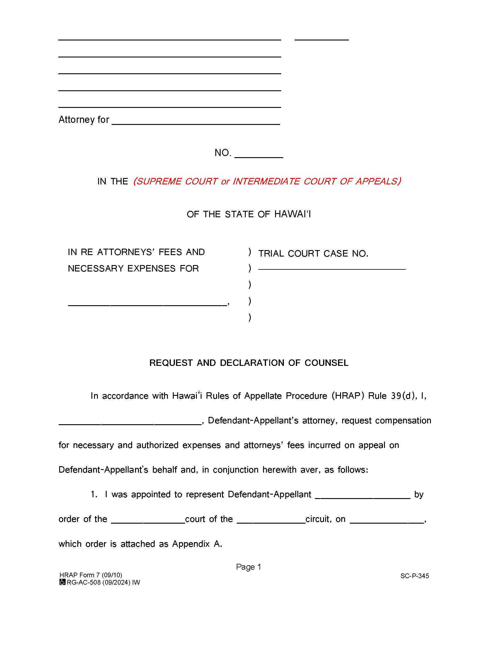 Request And Declaration Of Counsel (For Attorneys Fees And Expenses For Indigent Representation) {7} | Pdf Fpdf Docx | Hawaii