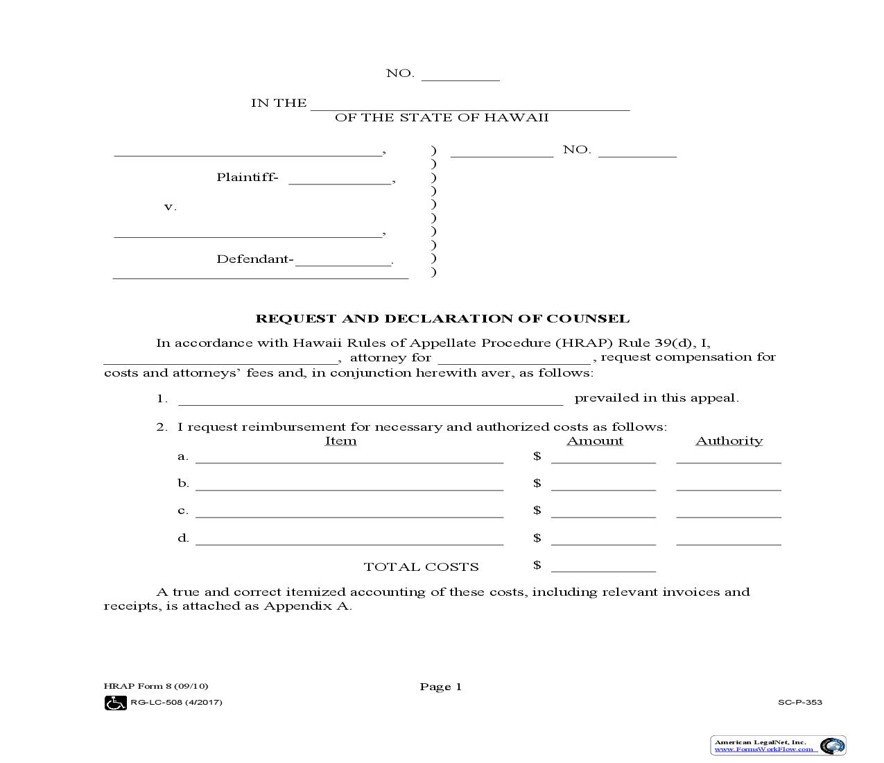 Request And Declaration Of Counsel (For Attorneys Fees And Expenses For Non Indigent Representation) {8} | Pdf Fpdf Doc Docx | Hawaii