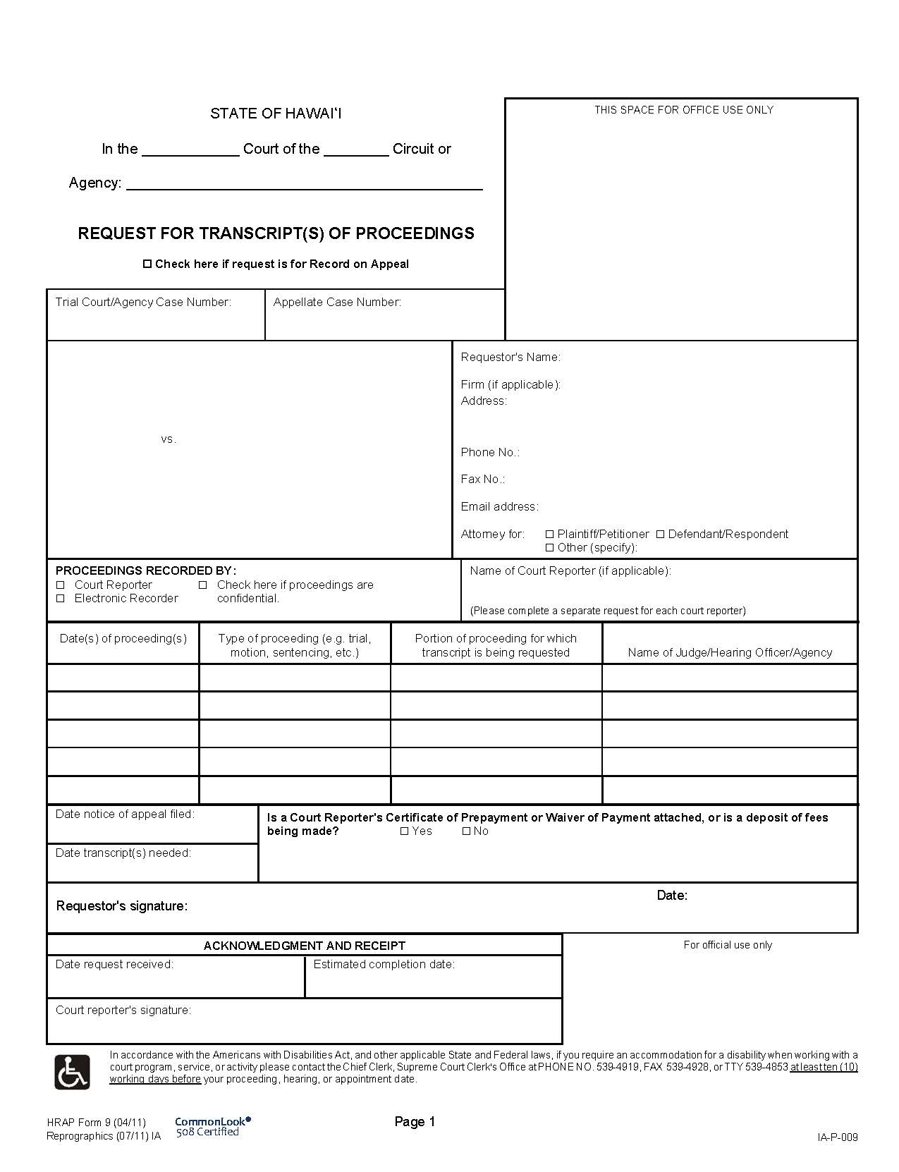 Request For Transcript Of Proceedings For Record On Appeal | Pdf Fpdf Doc Docx | Hawaii