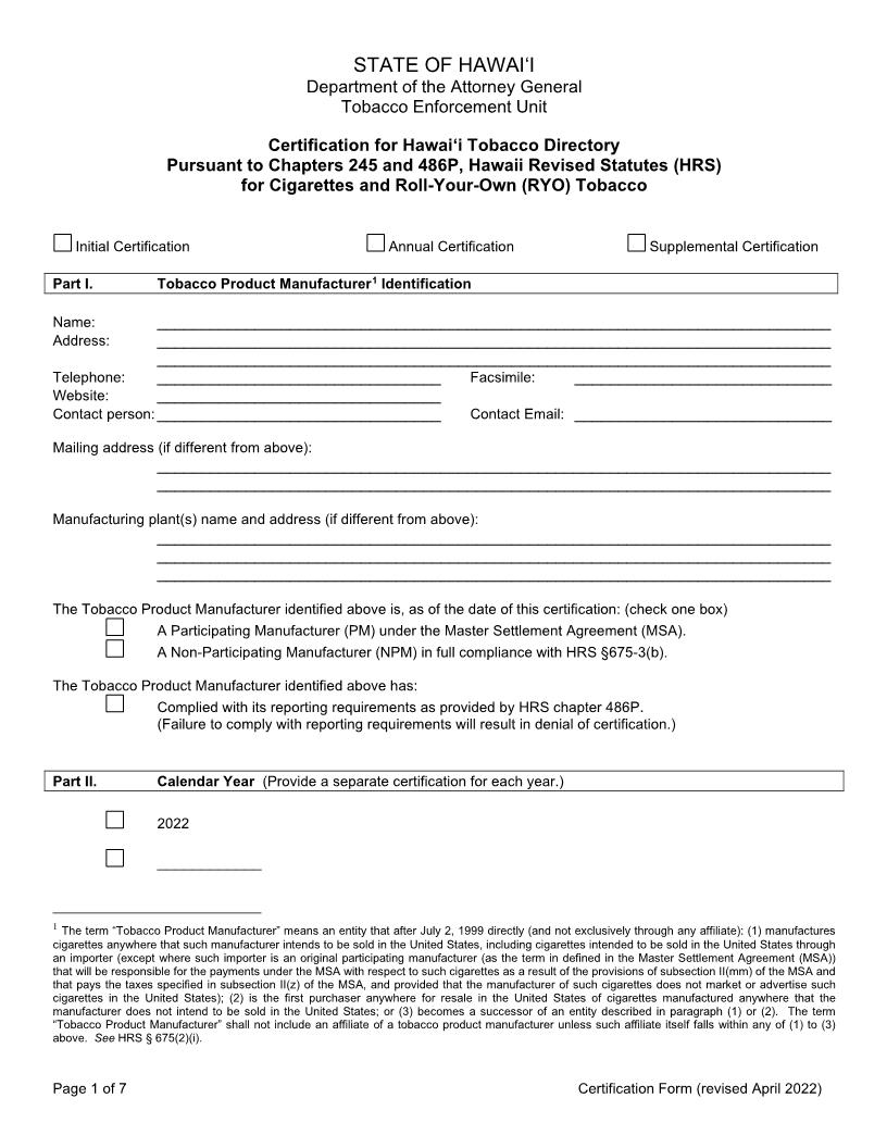Certification For Hawaii Tobacco Directory | Pdf Fpdf Docx | Hawaii