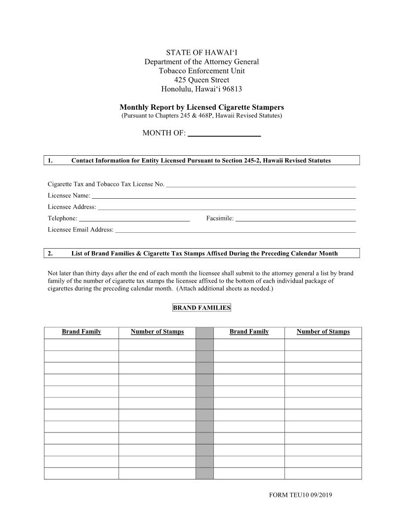 Monthly Report By Licensed Cigarette Stampers | Pdf Fpdf Docx | Hawaii