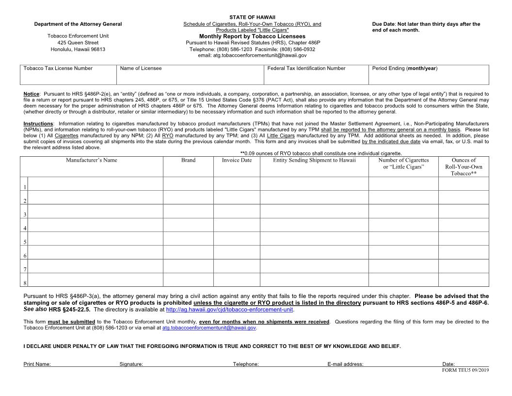 Monthly Report By Tobacco Licensees | Pdf Fpdf Docx | Hawaii