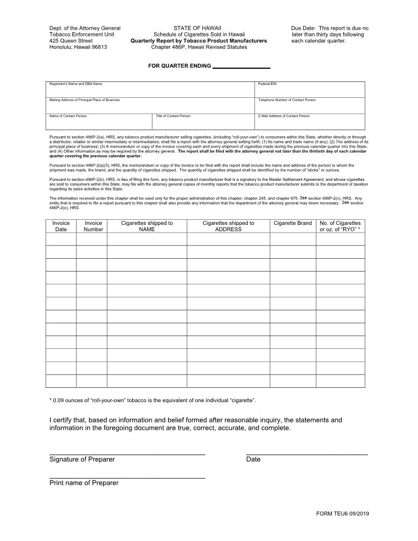 Quarterly Report By Tobacco Product Manufacturers | Pdf Fpdf Docx | Hawaii