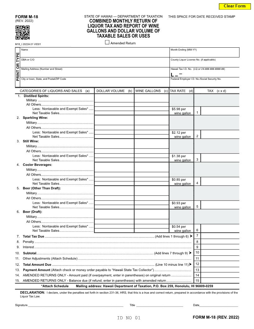 Combined Monthly Return Of Liquor Tax And Report of Wine Gallons {M-18 | Pdf Fpdf Doc Docx | Hawaii