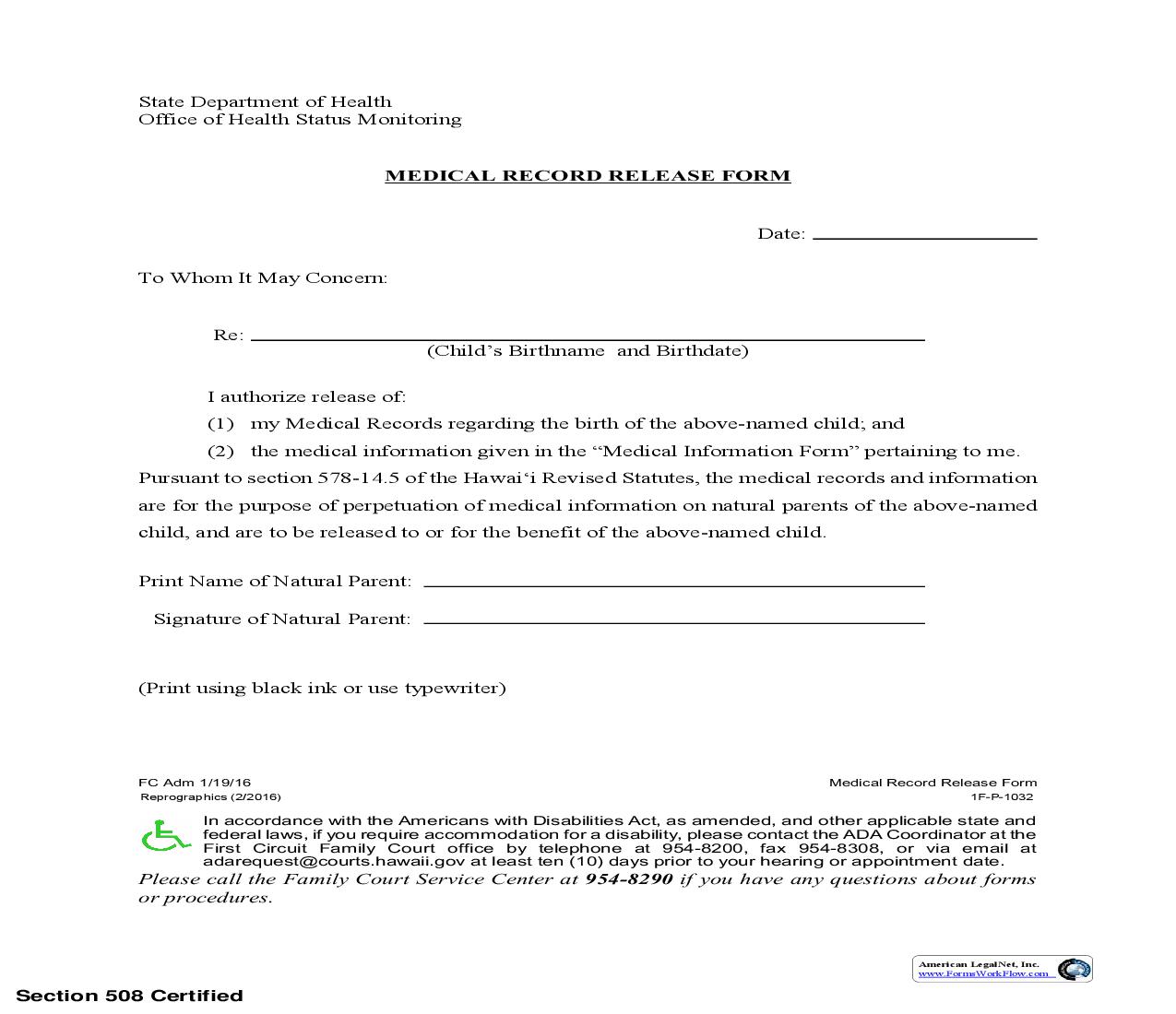 Medical Records Release | Pdf Fpdf Doc Docx | Hawaii