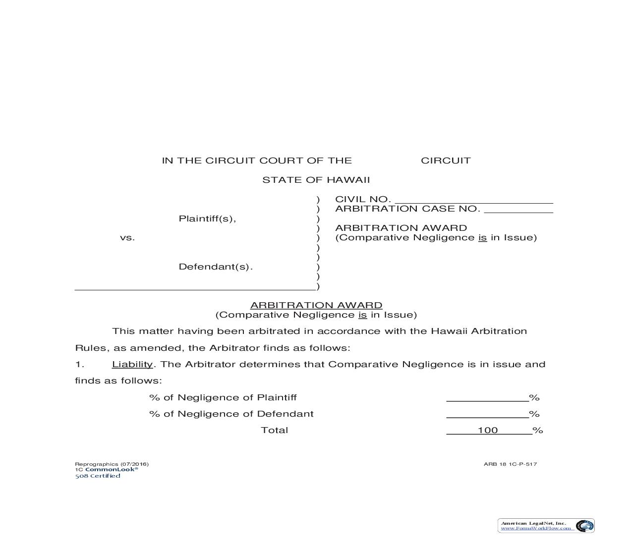 Arbitration Award (Comparative Negligence Is In Issue) {1C-P-517} | Pdf Fpdf Doc Docx | Hawaii