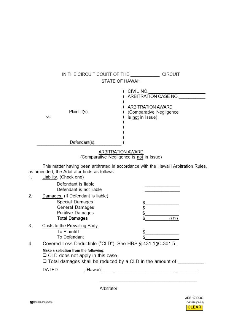 Arbitration Award (Comparative Negligence Is Not In Issue) {1C-P-516} | Pdf Fpdf Doc Docx | Hawaii