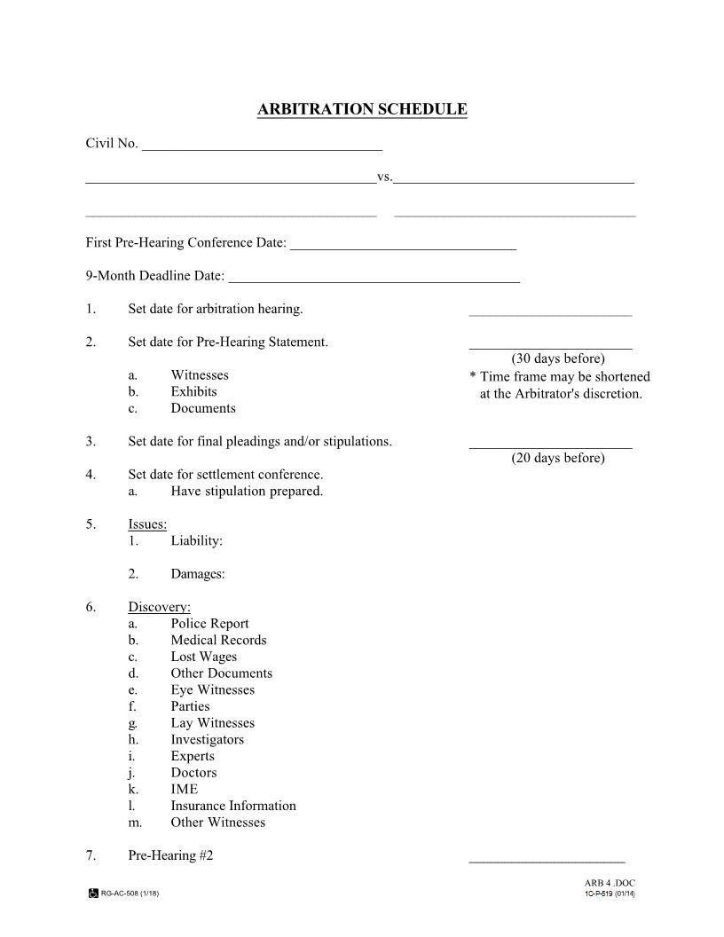 Arbitration Schedule {1C-P-519} | Pdf Fpdf Docx | Hawaii