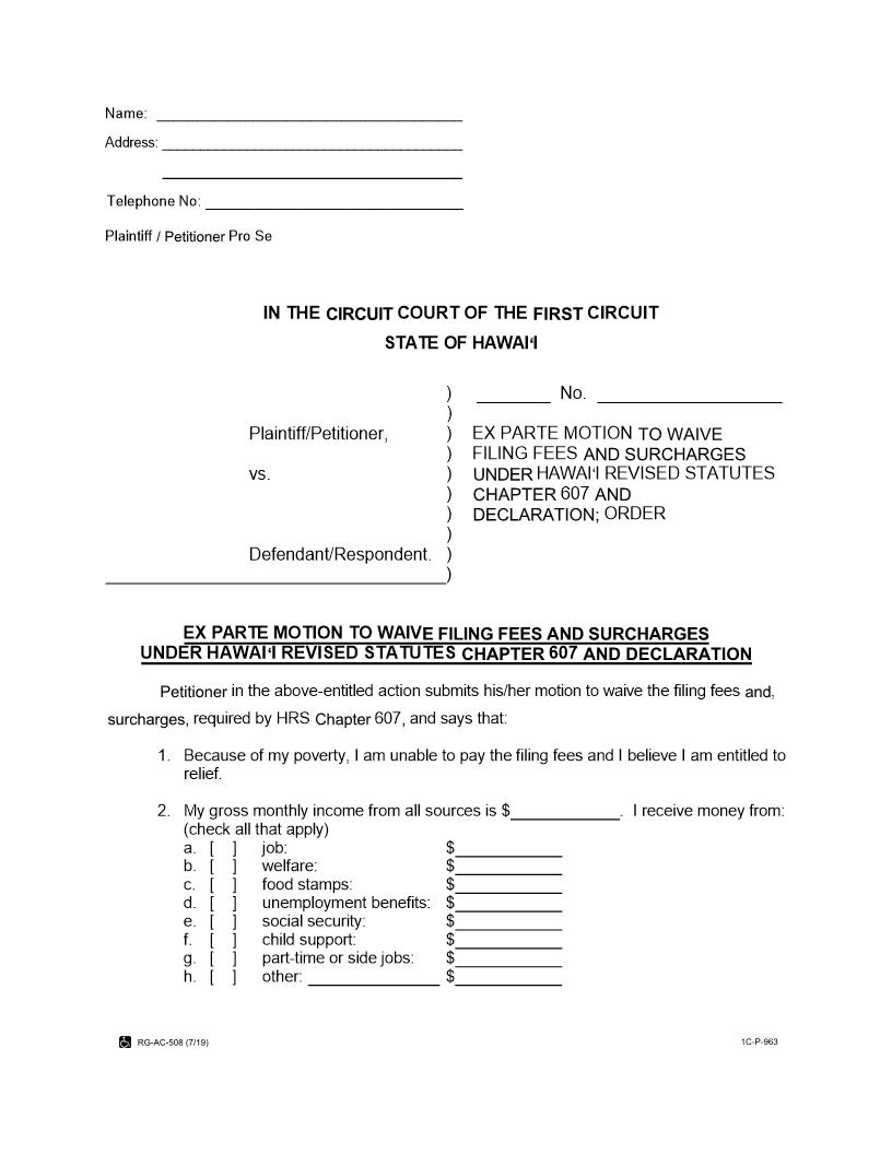 Ex Parte Motion To Waive Filing Fees And Surcharges {1C-P-963} | Pdf Fpdf Docx | Hawaii