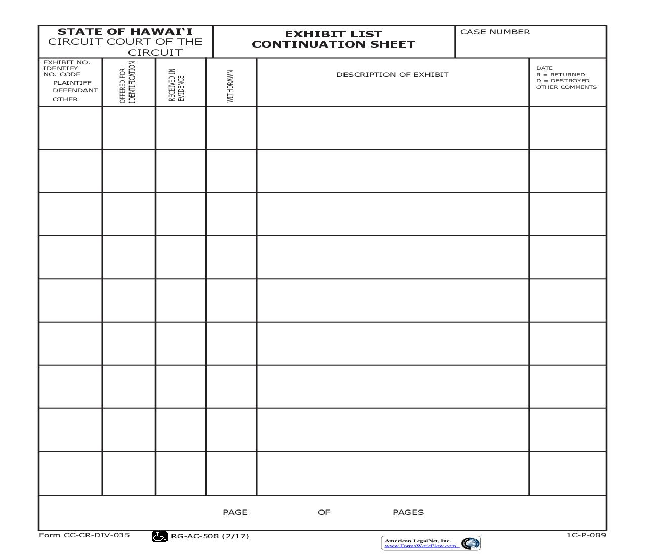 Exhibit List Continuation Sheet {1C-P-089} | Pdf Fpdf Doc Docx | Hawaii