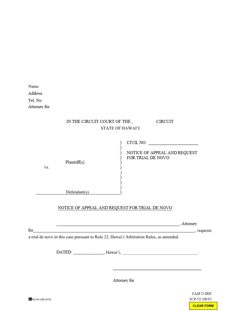 Notice Of Appeal And Request For Trial De Novo {1C-P-521} | Pdf Fpdf Docx | Hawaii