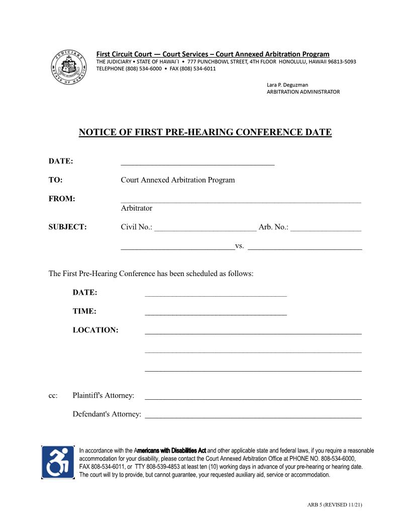 Notice Of First Pre Hearing Conference Date {1C-P-500} | Pdf Fpdf Docx | Hawaii