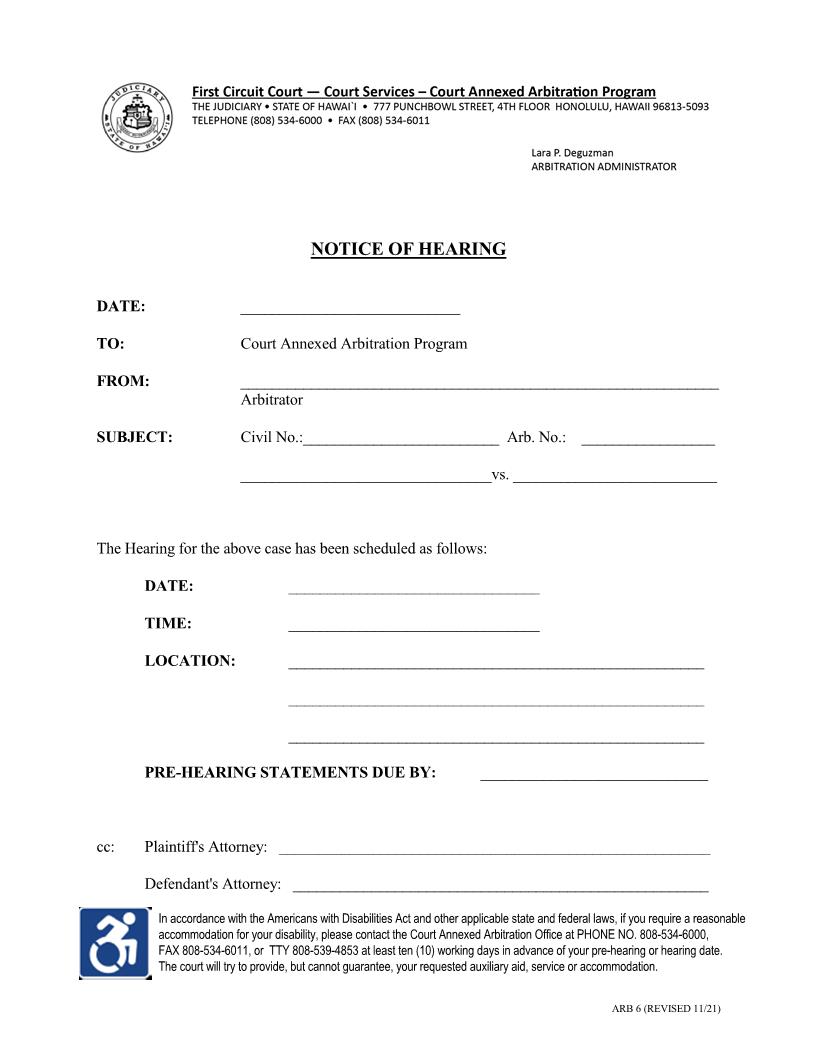 Notice Of Hearing {1C-P-501} | Pdf Fpdf Docx | Hawaii