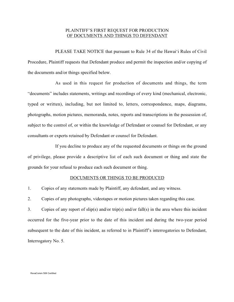 Plaintiffs First Request For Production Of Documents And Things To Defendant {1C-P-529} | Pdf Fpdf Docx | Hawaii